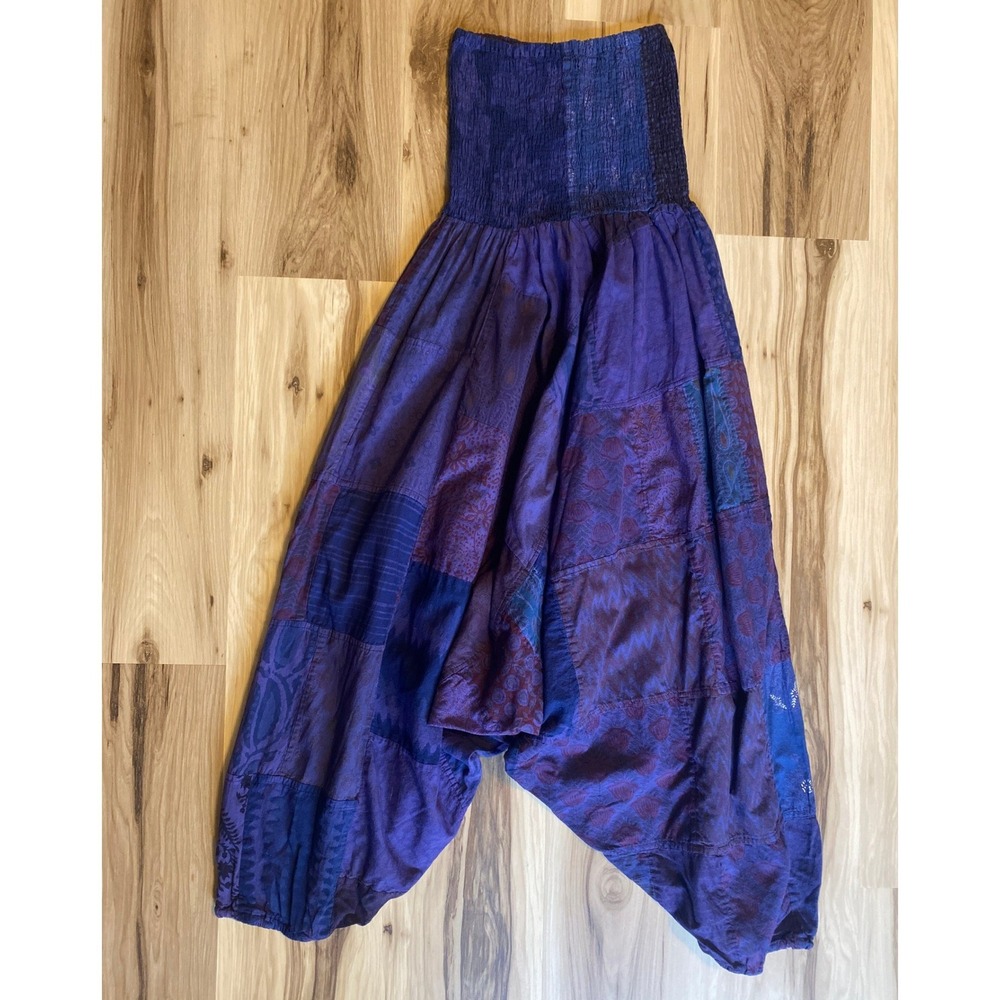 Boho Patchwork Harem Jumpsuit Pants Purple Blue Cotton Convertible L/XL